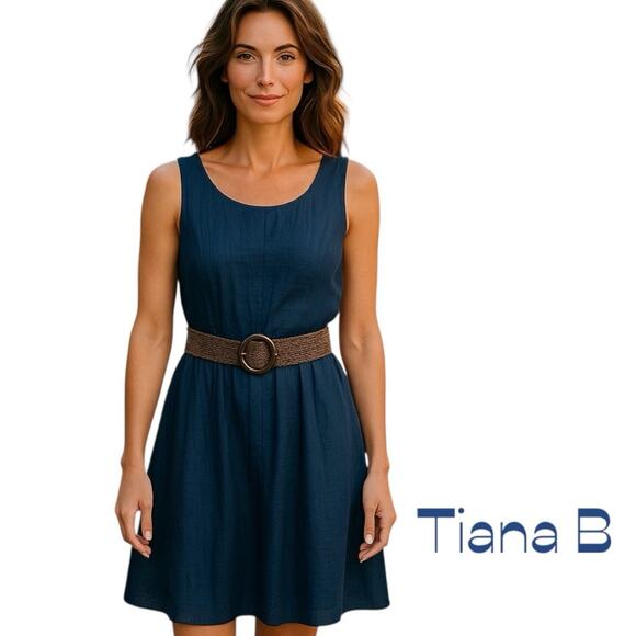 Tiana B. Metallic Navy Cottage Coastal Grandma Belted Dress NWT Size 14 - Picture 1 of 13